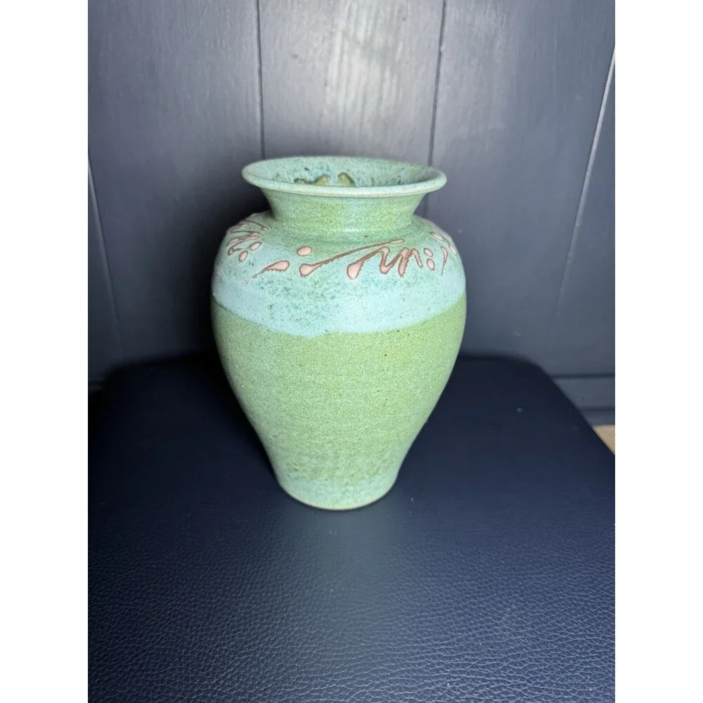 Signed Hodaka Studio Pottery Vase, ’93 – Turquoise & Celadon Stoneware Pottery